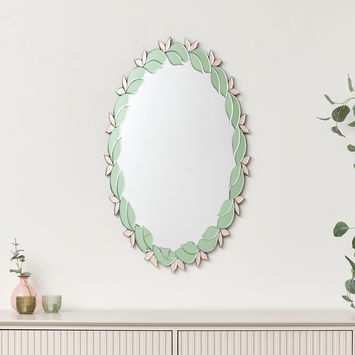 Pink & Green Oval Floral Art Deco Wall Mirror 80cm x 49cm