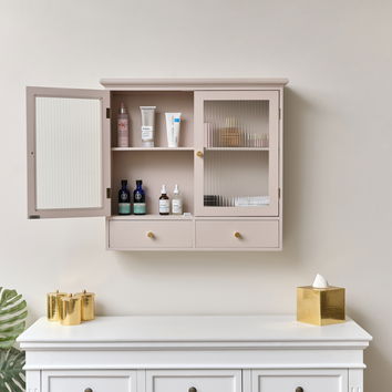 Pink Reeded Glass Wall Cabinet with Drawers