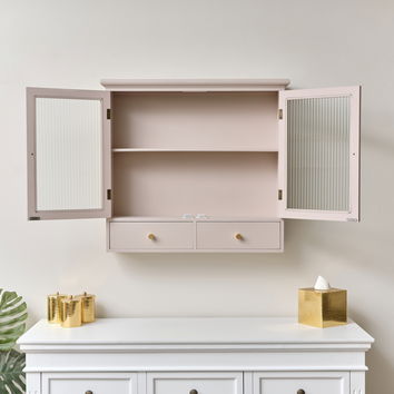 Pink Reeded Glass Wall Cabinet with Drawers