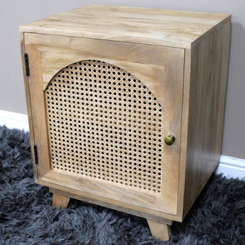 Rattan Cane Fronted Wooden Bedside Table