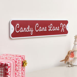 Red and White Candy Cane Lane Decorative Sign