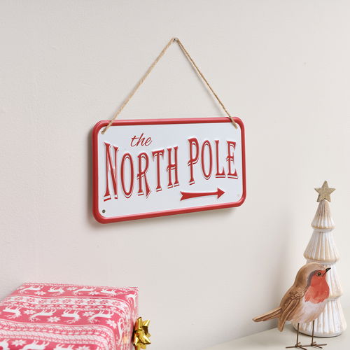 Red and White The North Pole Decorative Sign