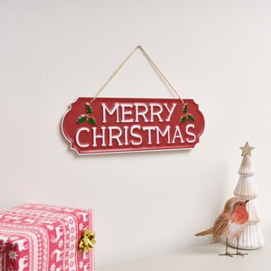 Red, White and Green Merry Christmas Decorative Sign with Holly