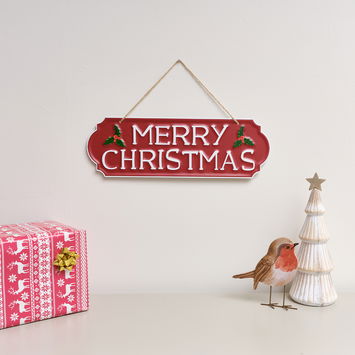 Red, White and Green Merry Christmas Decorative Sign with Holly