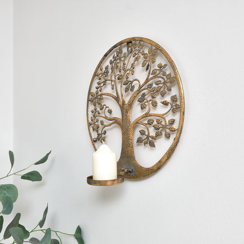 Round Antique Gold Tree of Life Candle Wall Sconce