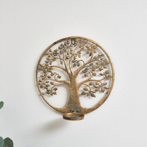 Round Antique Gold Tree of Life Candle Wall Sconce