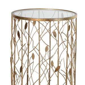 Round Gold Metal & Glass Leaves Detail Side Table