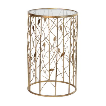 Round Gold Metal & Glass Leaves Detail Side Table