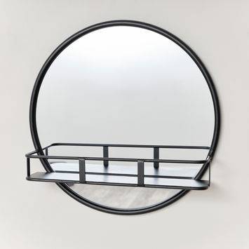 Round Matte Black Mirror With Shelf - 50cm x 50cm