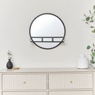 Round Matte Black Mirror With Shelf - 50cm x 50cm