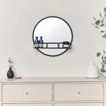 Round Matte Black Mirror With Shelf - 50cm x 50cm