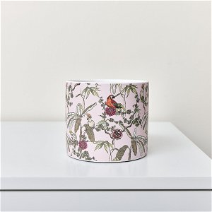 Round Pink Ceramic Botanical Parrot Storage Pot
