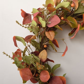 Round Rustic Green & Red Autumn Leaf Wreath