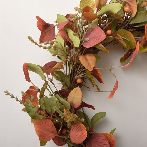 Round Rustic Green & Red Autumn Leaf Wreath 