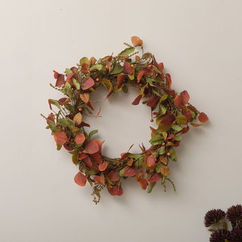 Round Rustic Green & Red Autumn Leaf Wreath