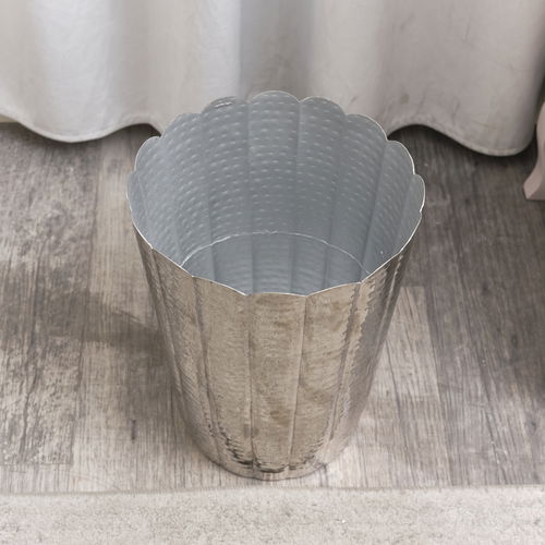 Round Scalloped Silver Hammered Metal Waste Bin