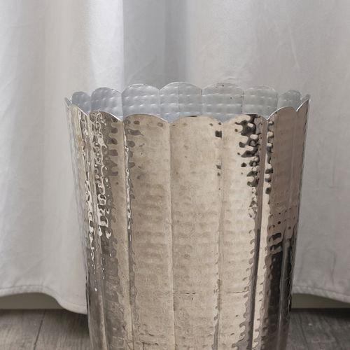 Round Scalloped Silver Hammered Metal Waste Bin