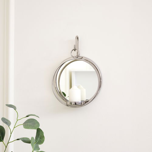 Round Silver Mirrored Wall Candle Sconce