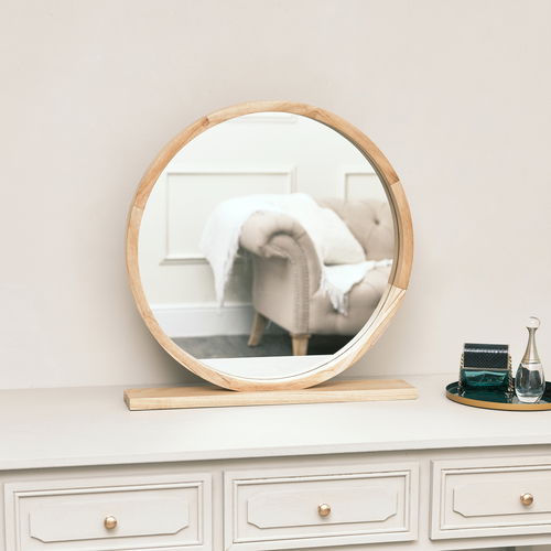 Round Wooden Freestanding Table Top Mirror 