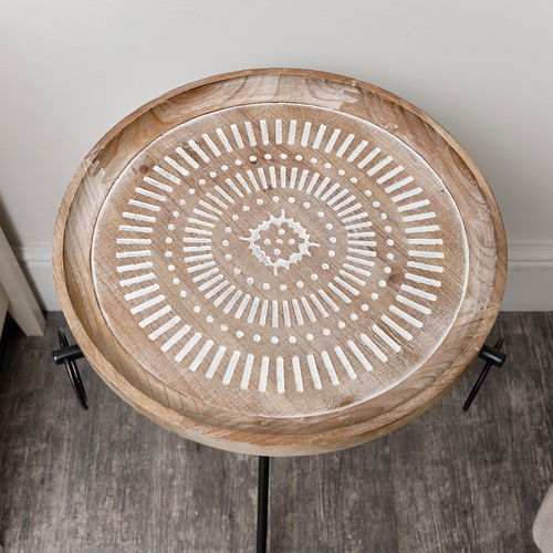 Round Wooden Pattern Tripod Side Table