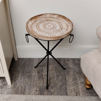 Round Wooden Pattern Tripod Side Table