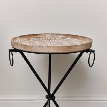 Round Wooden Pattern Tripod Side Table