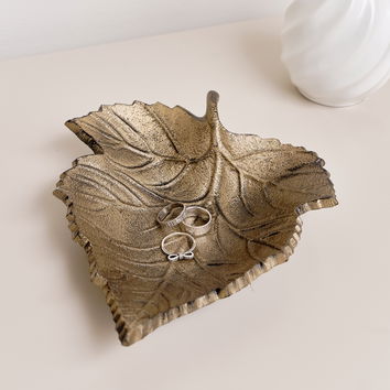 Rustic Bronze Leaf Trinket Tray Dish 