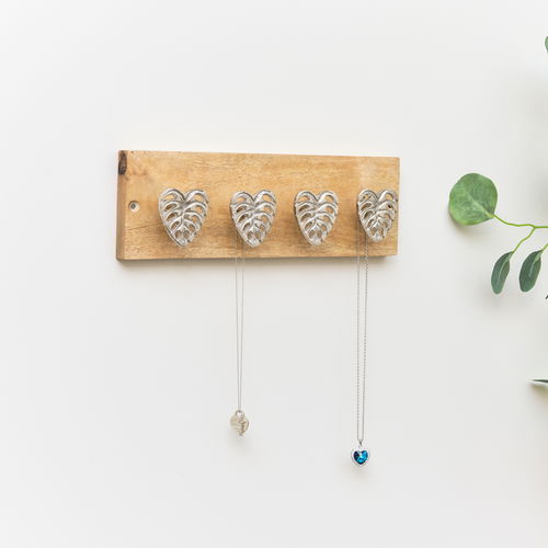 Rustic Silver Monstera Hooks on Wooden Base