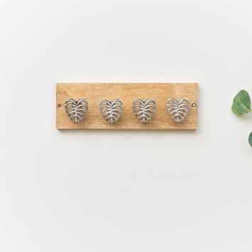 Rustic Silver Monstera Hooks on Wooden Base