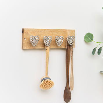 Rustic Silver Monstera Hooks on Wooden Base