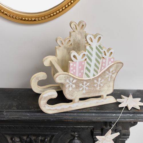 Rustic Wooden Green & Pink Christmas Sleigh Ornament