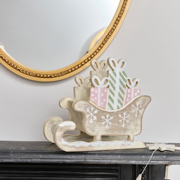 Rustic Wooden Green & Pink Christmas Sleigh Ornament