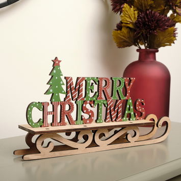 Rustic Wooden Green & Red Merry Christmas Sleigh Sign