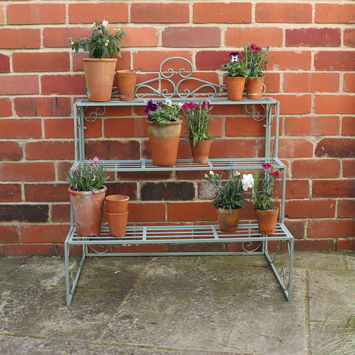 Sage Green Metal Three Tier Plant Theatre Stand