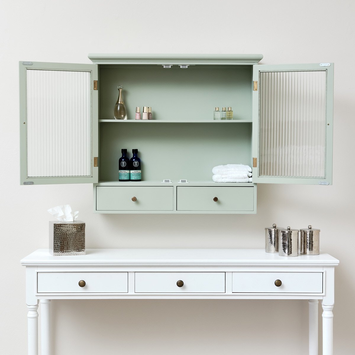 Sage Green Reeded Glass Wall Cabinet with Drawers