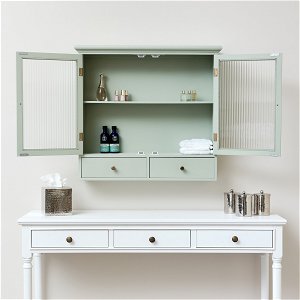 Sage Green Reeded Glass Wall Cabinet with Drawers