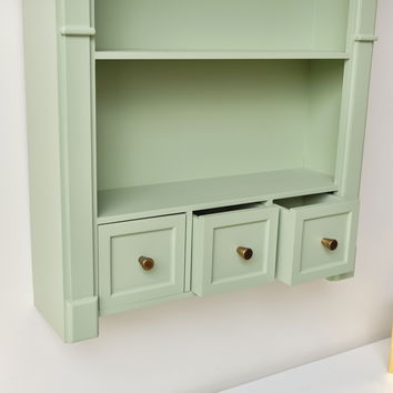 Sage Green Wooden Wall Shelf Unit with Drawers