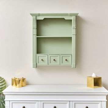 Sage Green Wooden Wall Shelf Unit with Drawers