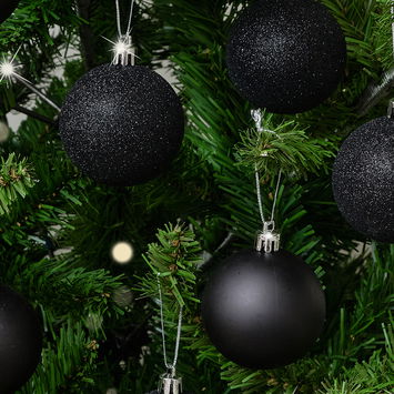 Set of 10 Mixed Glitter Black Baubles - 6cm