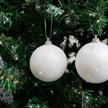 Set of 10 White Snowball Glitter Baubles