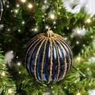 Set of 2 Blue Glitter Striped Reeded Hanging Baubles - 8cm