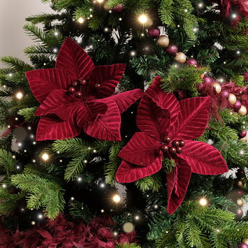 Set of 2 Dark Red Poinsettia Pick Decorations - 28cm