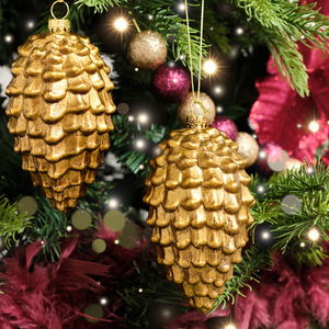 Set of 2 Gold Glitter Pine Cone Hanging Decoration 12cm