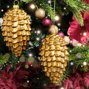 Set of 2 Gold Glitter Pine Cone Hanging Decoration 12cm