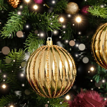 Set of 2 Gold Glitter Striped Reeded Hanging Bauble Decoration - 8cm