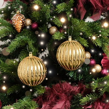 Set of 2 Gold Glitter Striped Reeded Hanging Bauble Decoration - 8cm