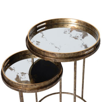 Set of 2 Gold Marble Mirror Round Tray Tables