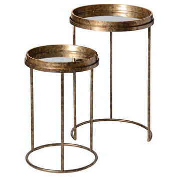 Set of 2 Gold Marble Mirror Round Tray Tables