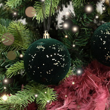 Set of 2 Green Glitter Flocked Bauble Decorations - 8cm