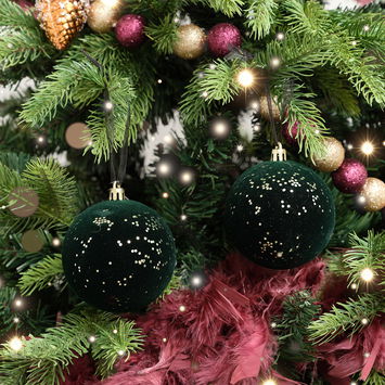 Set of 2 Green Glitter Flocked Bauble Decorations - 8cm